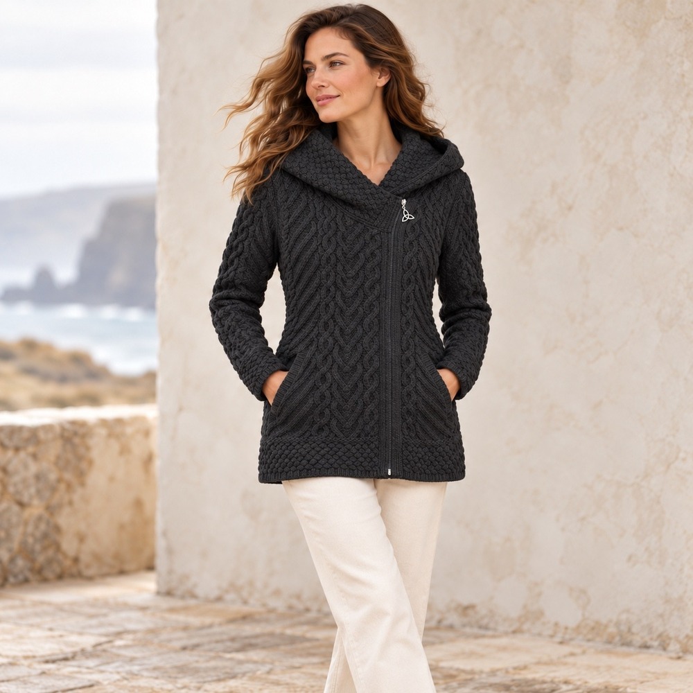Aran Mor Ireland Womens Black Merino Wool Asymmetrical Zip Cable Knit Hoodie